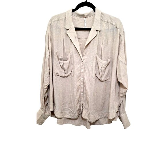 Free People Women's Oversized Beige Button-Up Shirt Pattern Folded Long Sleeves - Picture 1 of 8